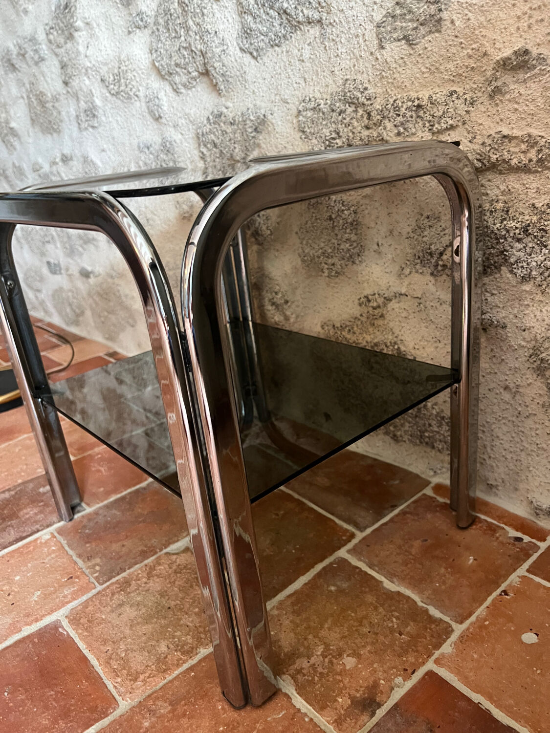 Chrome end table/side table and smoked glass