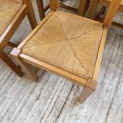 Set of 8 blond oak chairs with straw seats