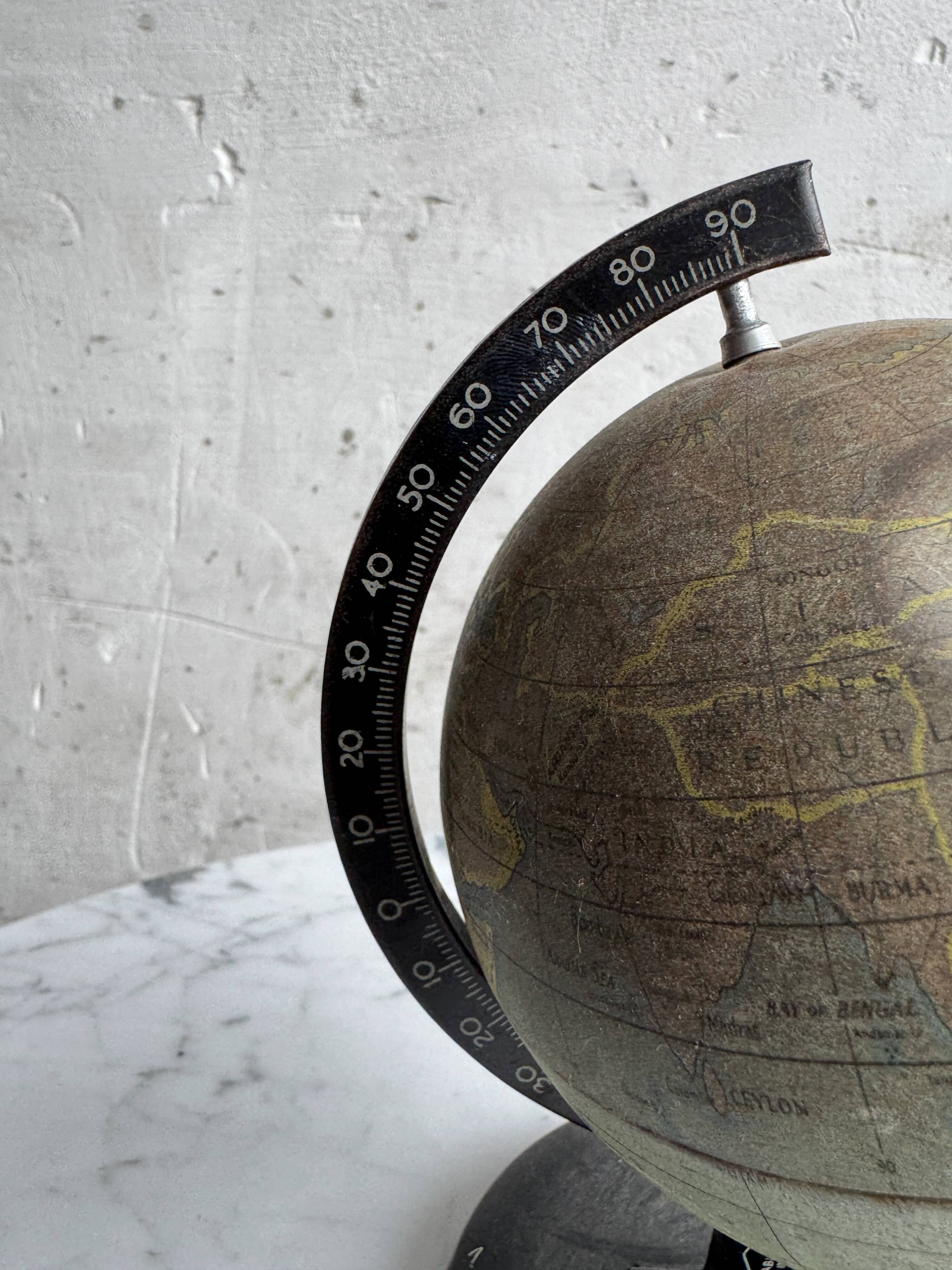 Miniature Green Paper-Covered Globe with Metal Base and Meridian — Made in England