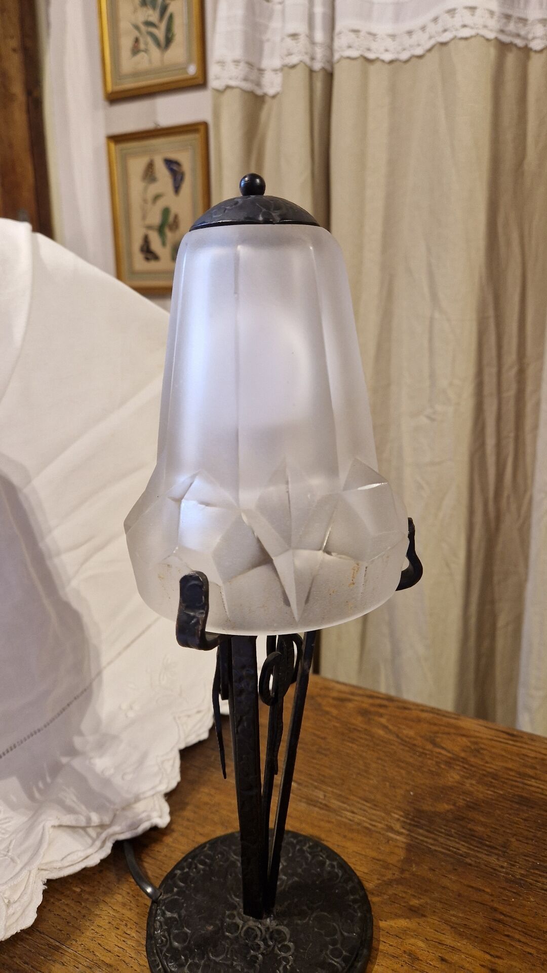 Lampe a poser vintage art déco 1930 pâte de verre et fer forgé