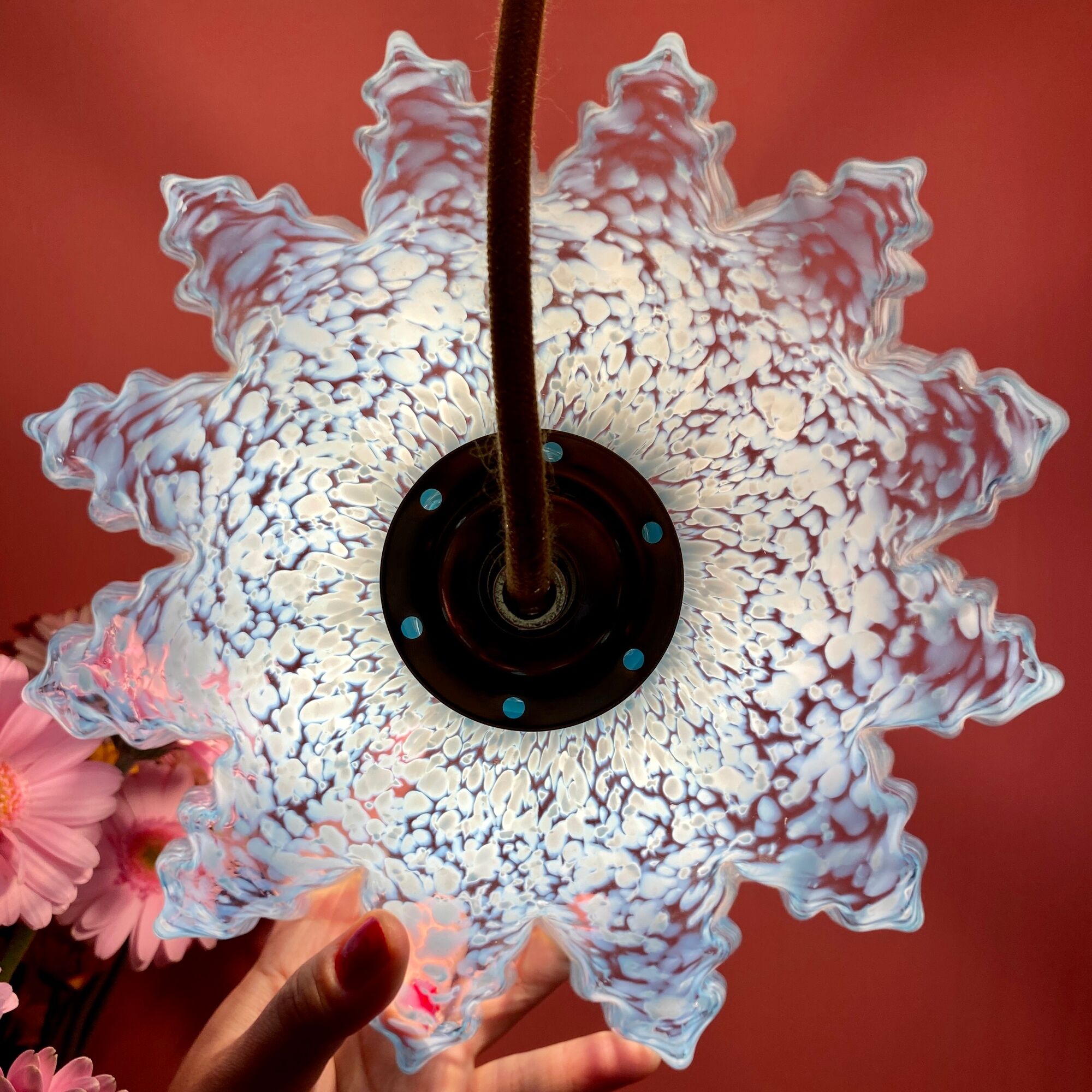 Vintage aabt-jour pendant lamp in blue Clichy glass