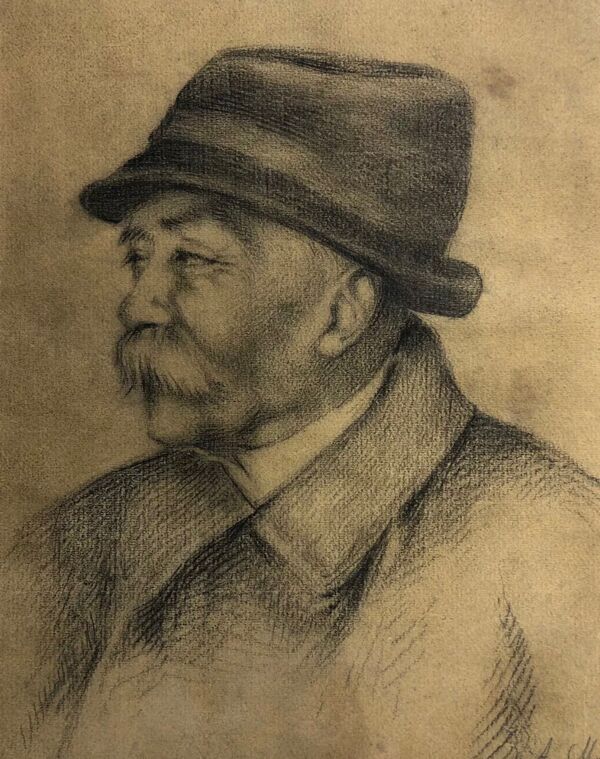 Dessin ancien mine de plomb, portrait homme moustache
