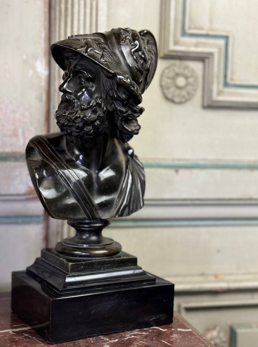 Bust of Ajax, bronze with black patina on a black Belgian marble base, 19th century.
