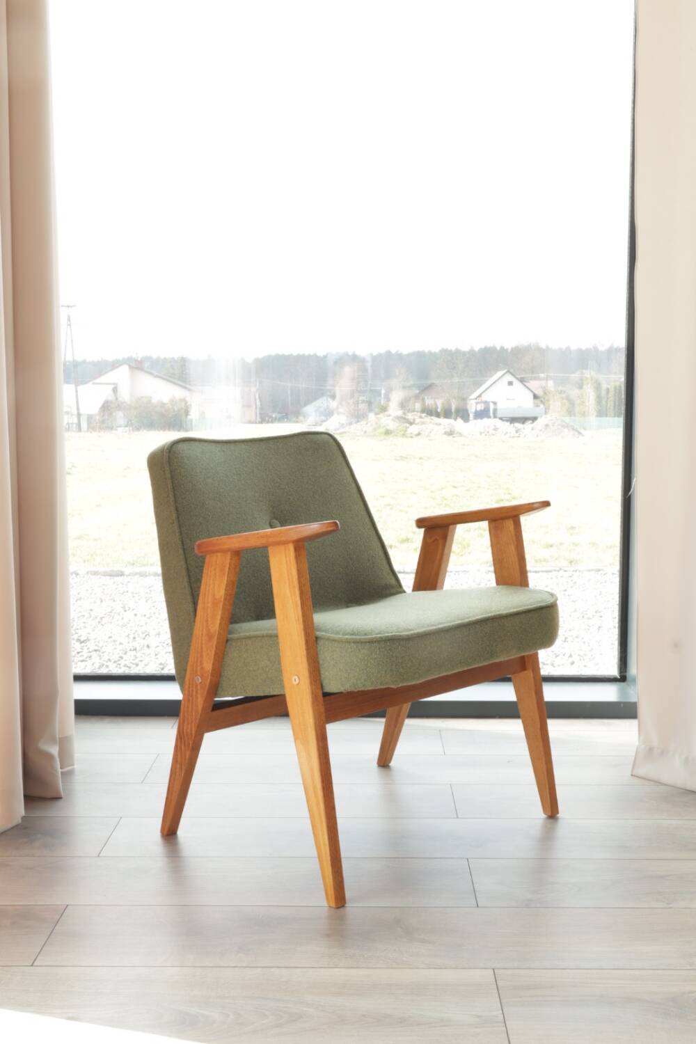 Vintage olive green bouclé armchair model 366