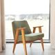 Vintage olive green bouclé armchair model 366