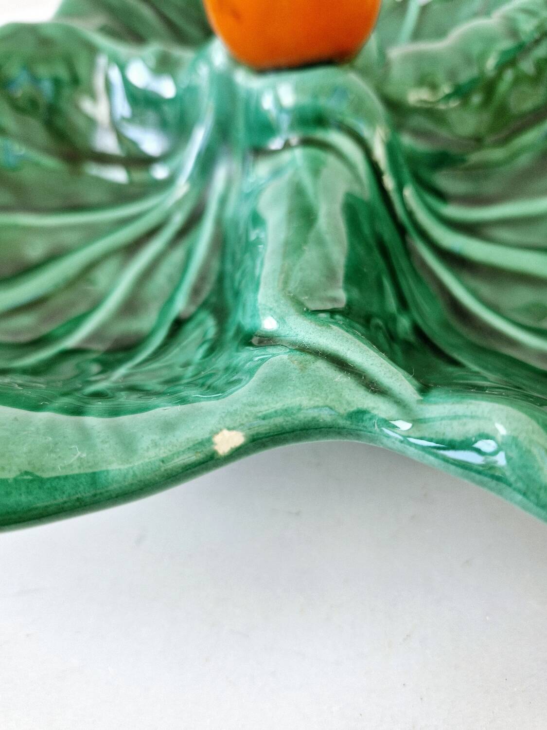 Vintage compartmentalized ceramic serving dish cabbage leaf shape Vallauris style