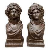 Pair of antique cast iron fire dogs with antique busts