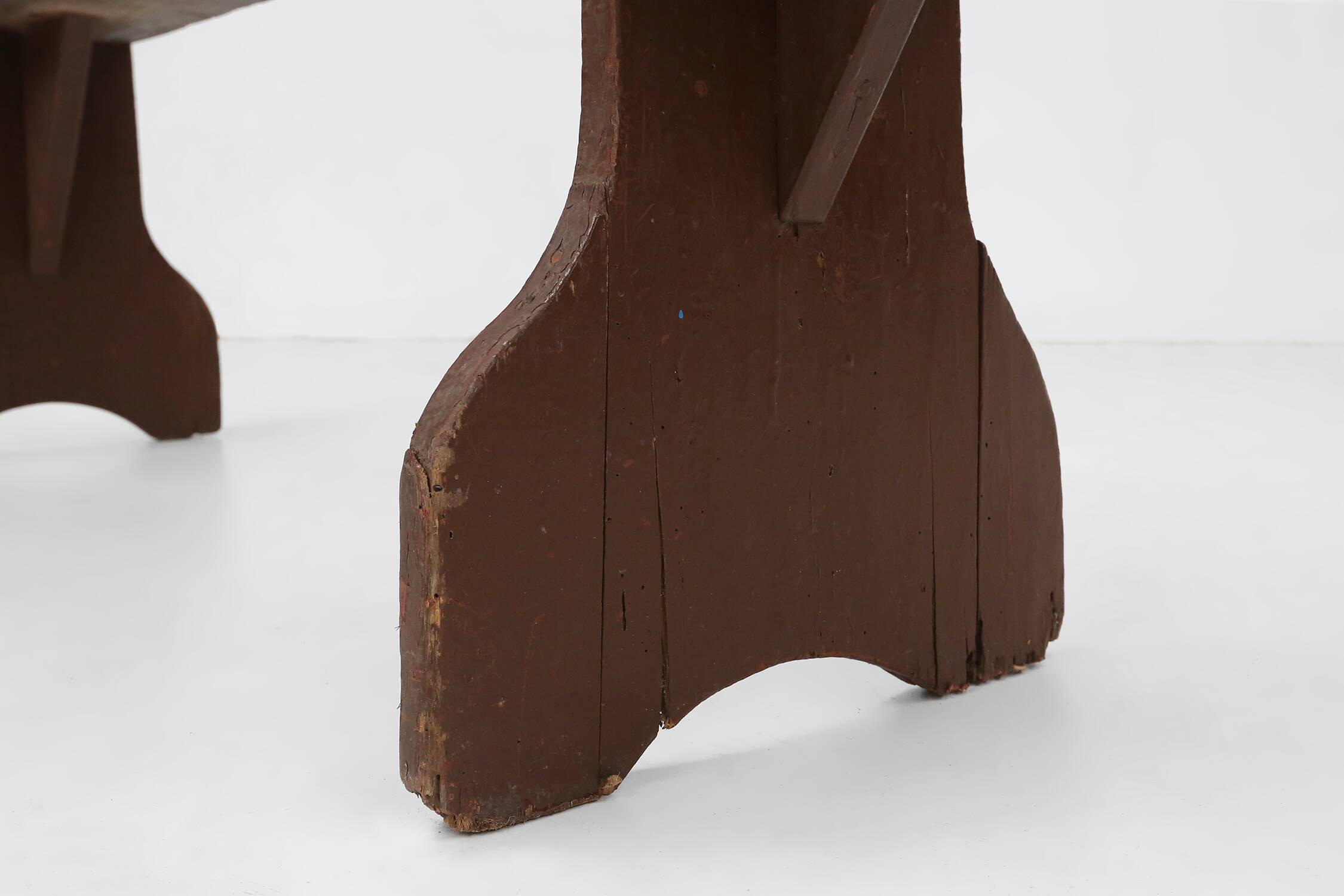 Mid-century rustic bench in brown painted wood, France ca. 1890