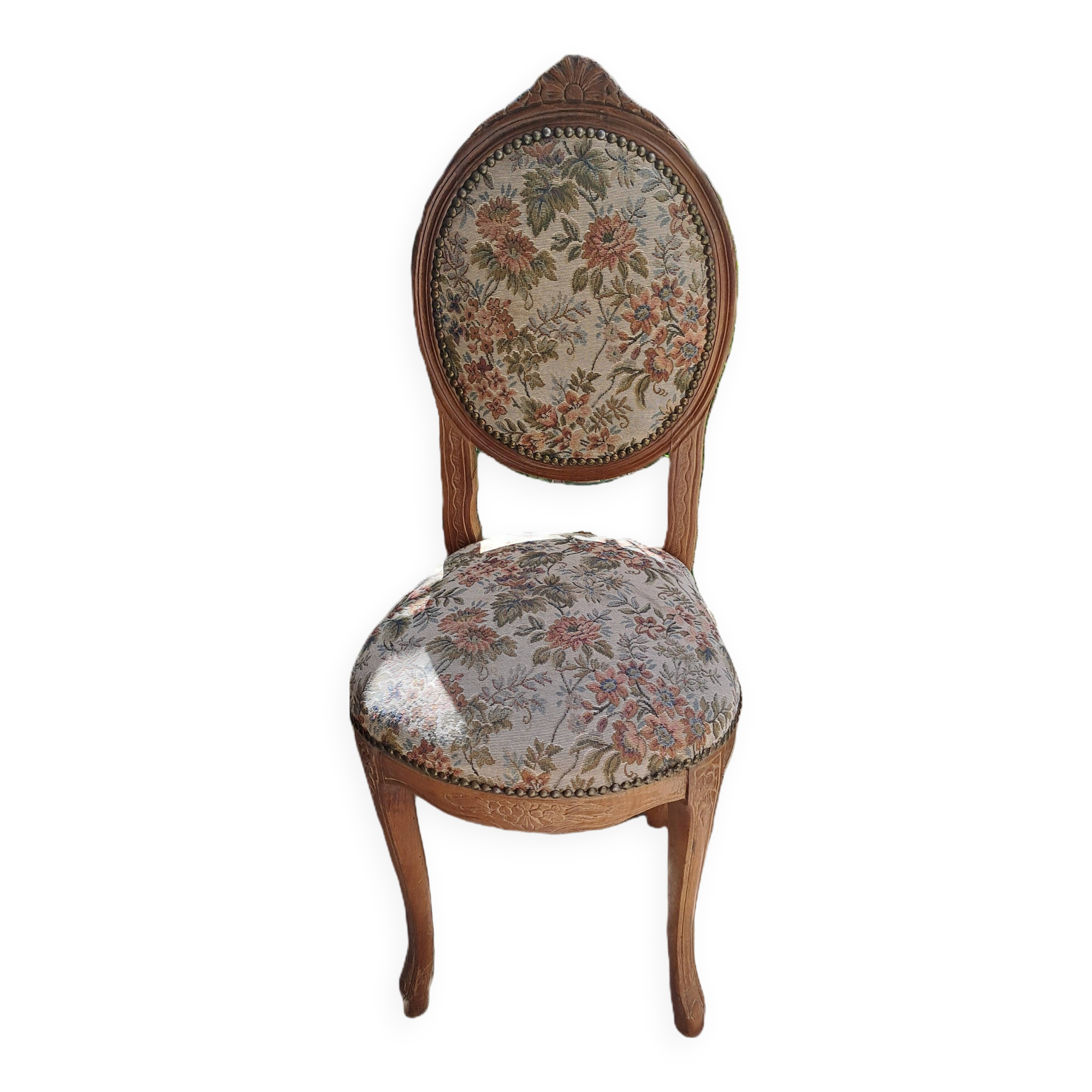 Brown varnished wooden chair 1940 Fabric chair with jacquard seat, upholstery manufacturing