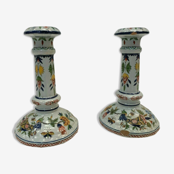 Pair of table candlesticks in faience of Rouen XX century
