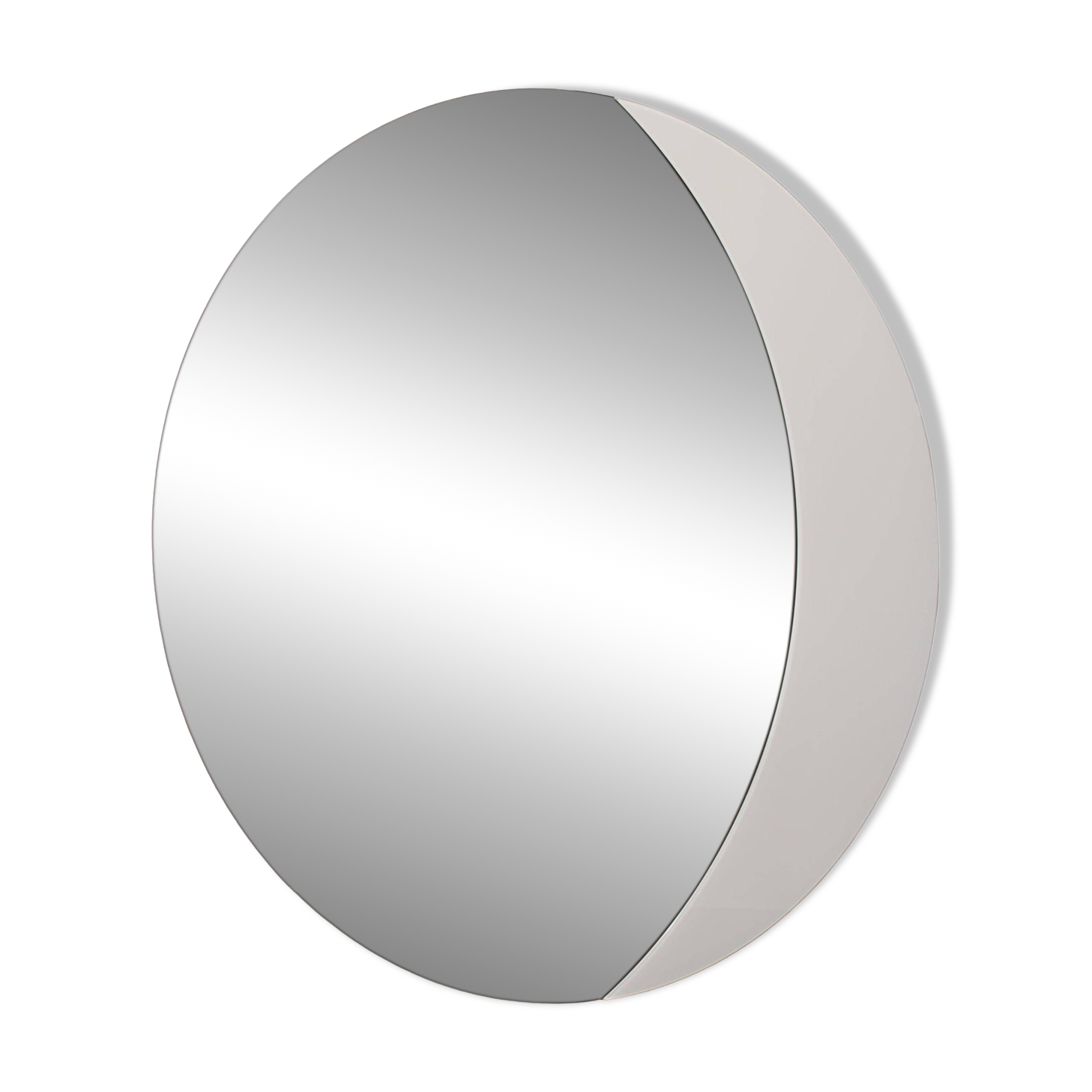 Large 1980s Italian smoke-tinted round mirror with white geometric segment