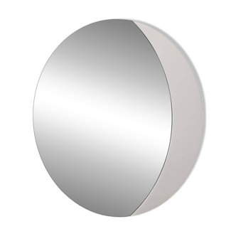 Large 1980s Italian smoke-tinted round mirror with white geometric segment