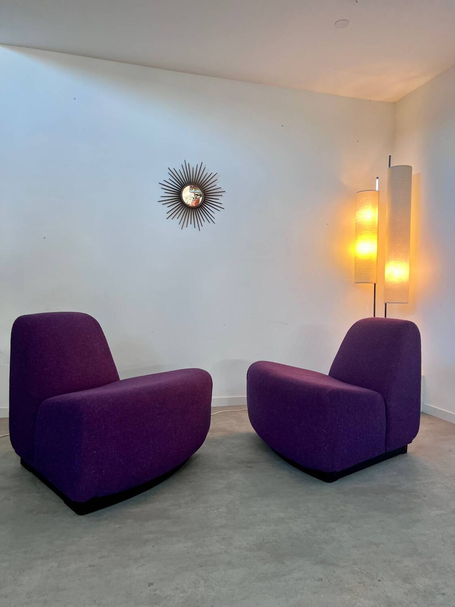 Lot 2 low chairs Space Age design from the 70s purple fabric vintage armchair