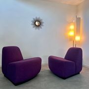Lot 2 low chairs Space Age design from the 70s purple fabric vintage armchair