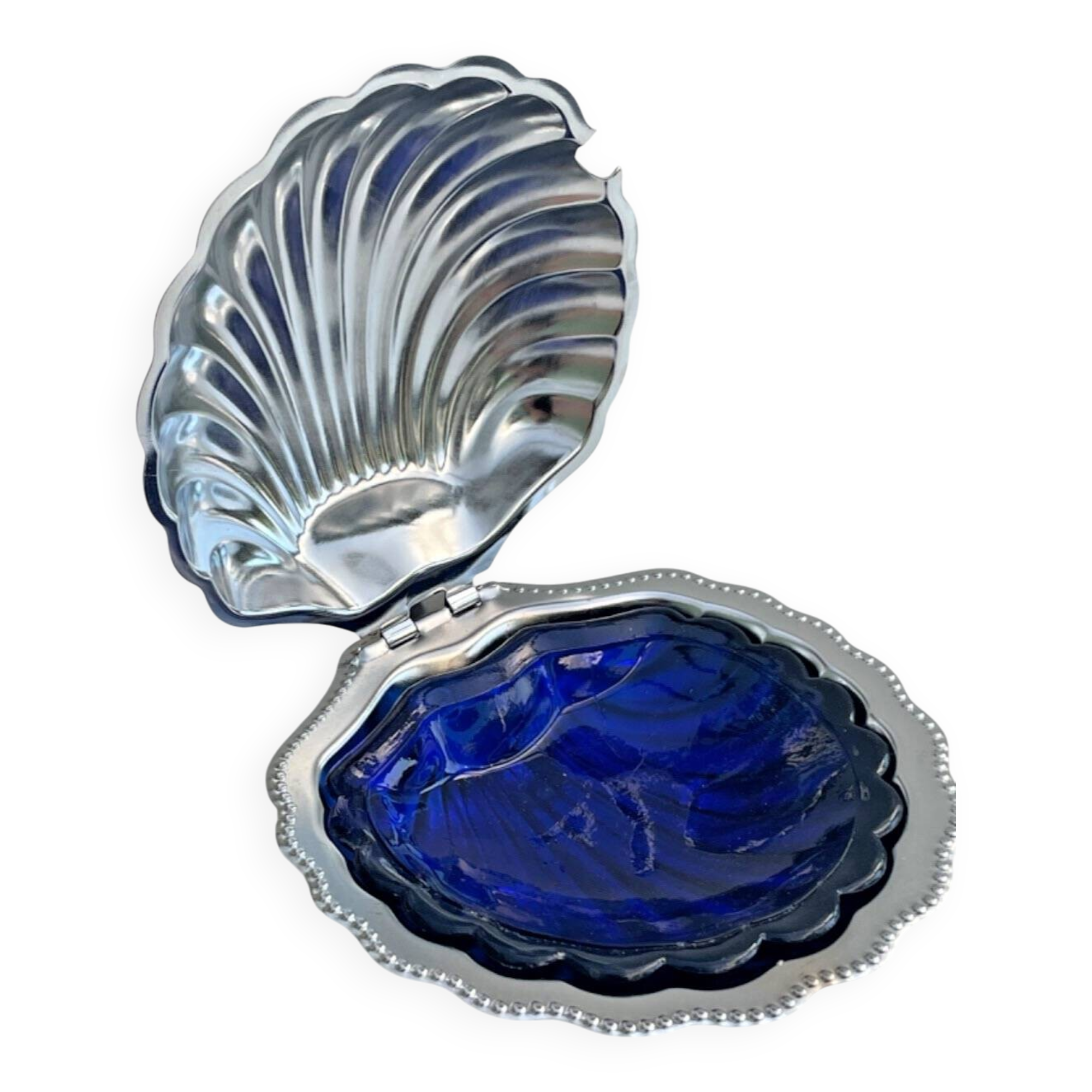 Vintage butter dish with silver-plated metal shell and cobalt blue glass without knife