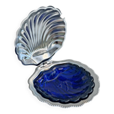 Vintage butter dish with silver-plated metal shell and cobalt blue glass without knife