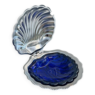 Vintage butter dish with silver-plated metal shell and cobalt blue glass without knife
