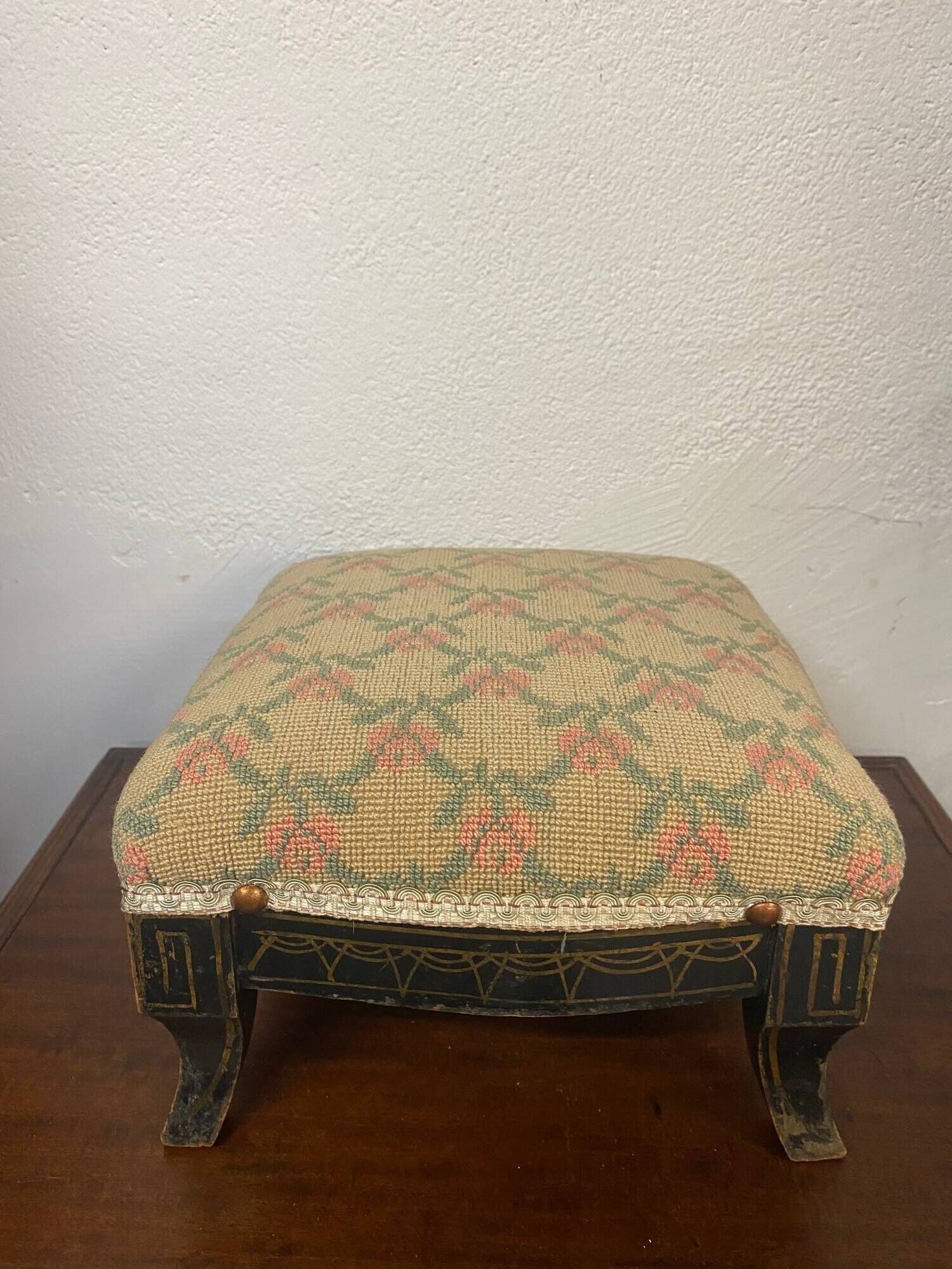Antique napoleon lll style footrest blackened wood and cross stitch embroidery