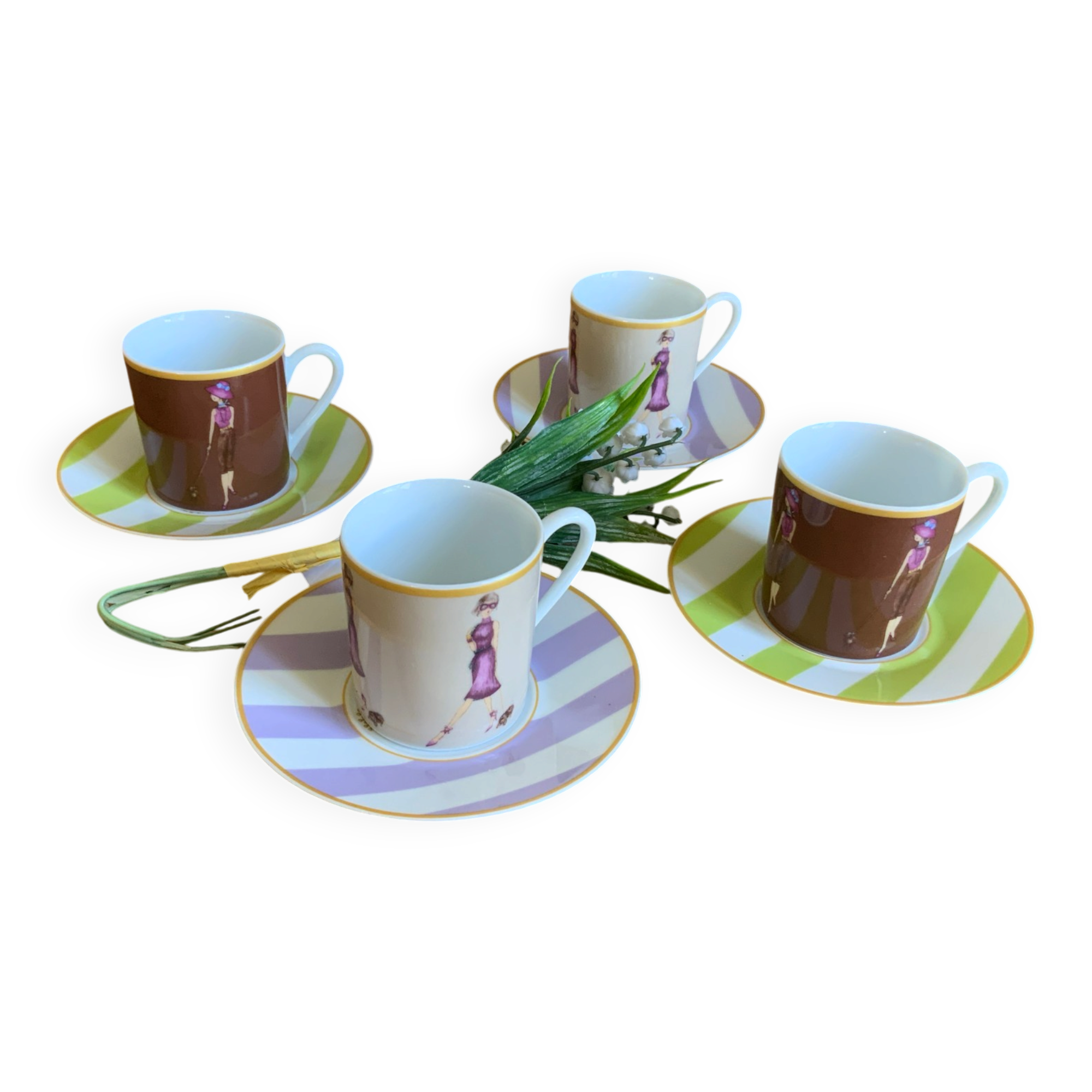 4 cups and saucers porcelain Menard de Noblat - shopping series