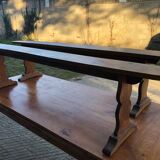 Antique farmhouse table in solid cherry wood with its 2 benches