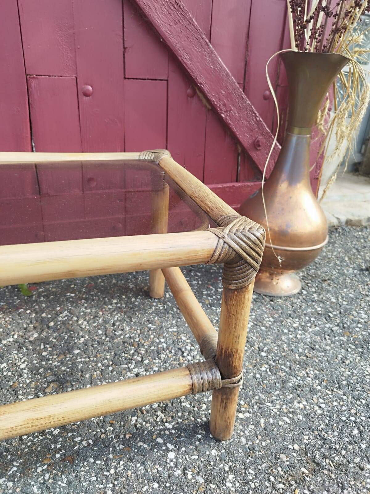 Small coffee or bedside table in rattan and vintage smoked glass