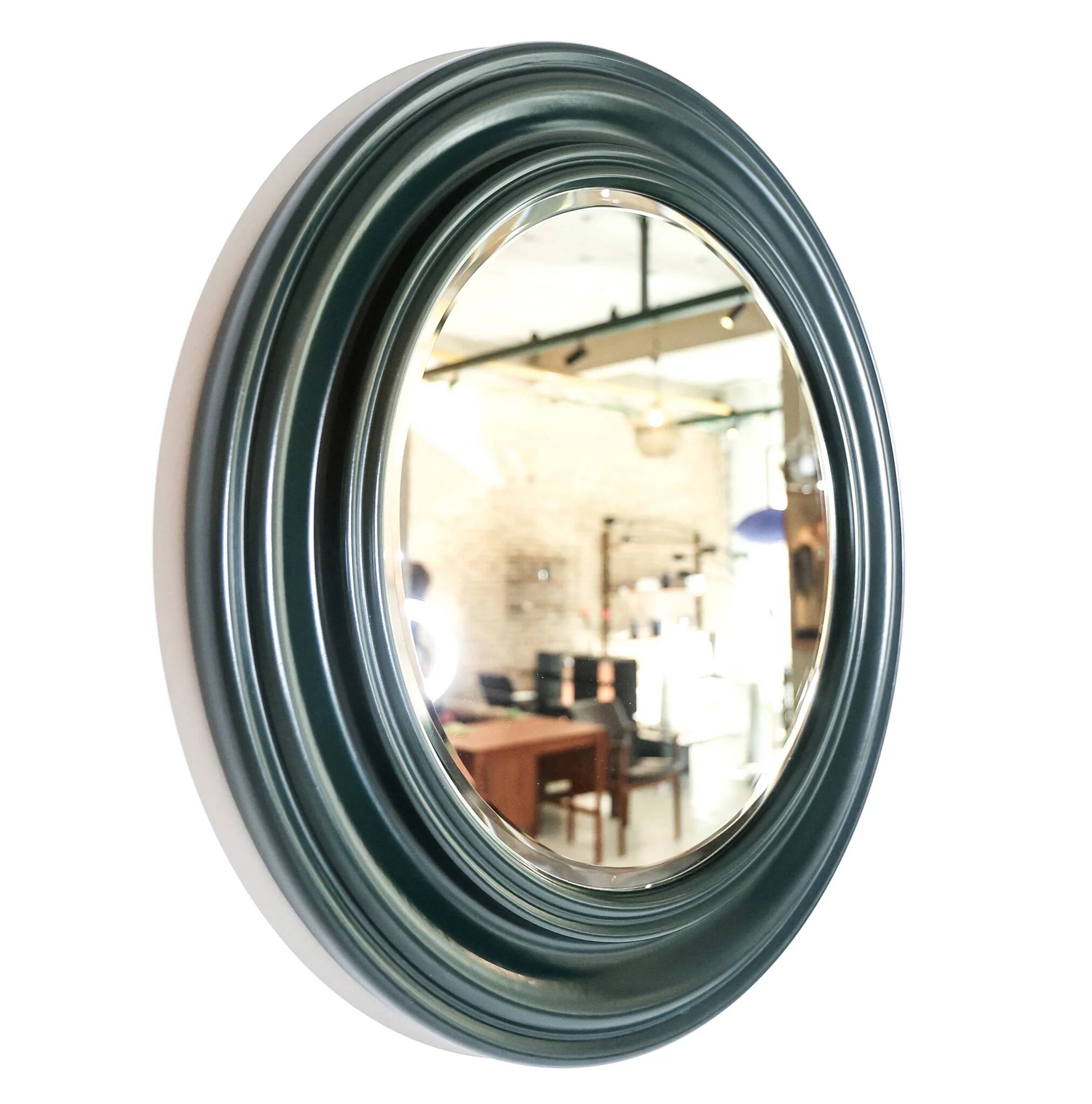 1970s dark green wooden Italian round wall mirror