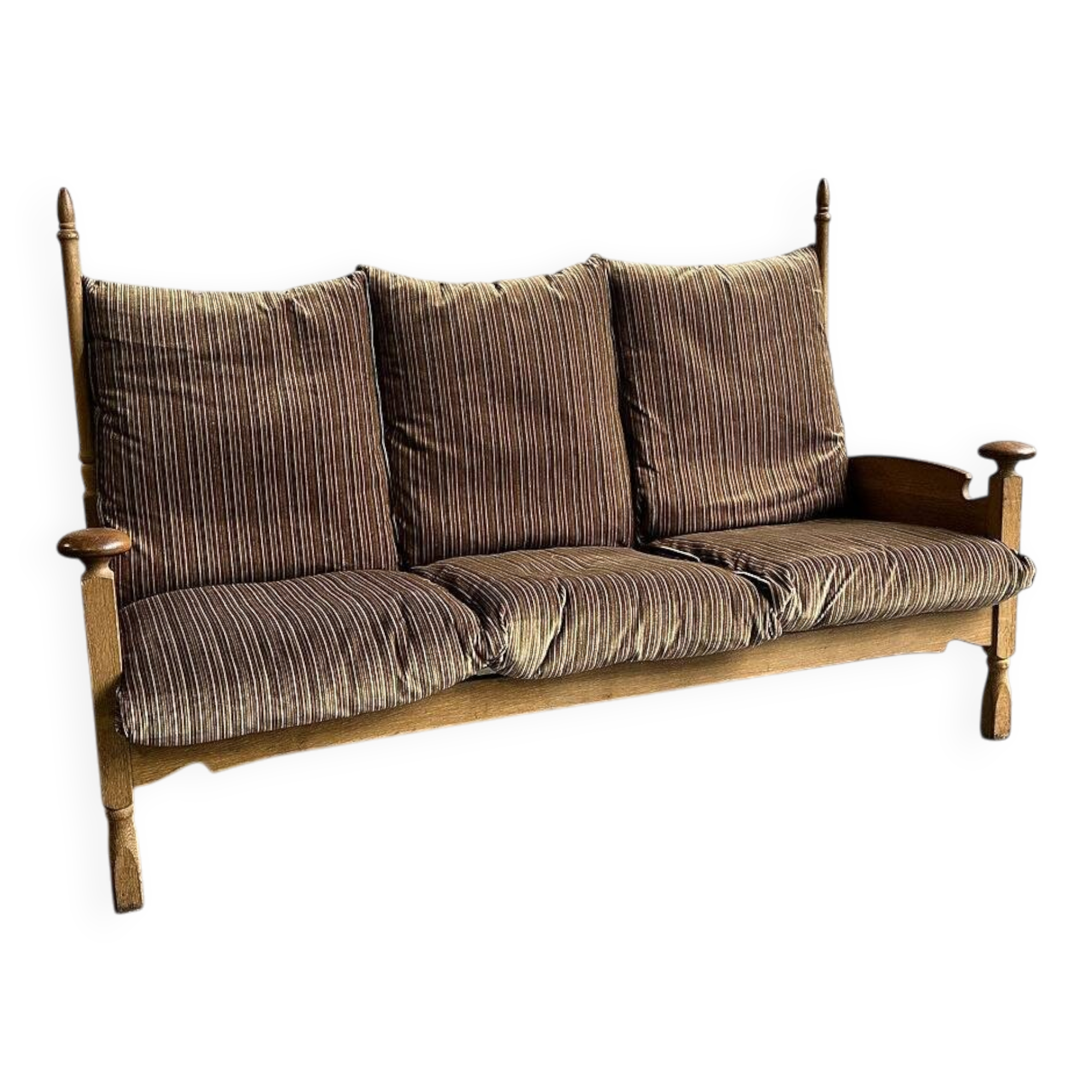 1950s brutalist oak and velvet throne-like sofa