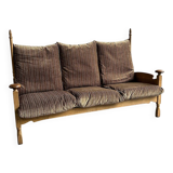 1950s brutalist oak and velvet throne-like sofa