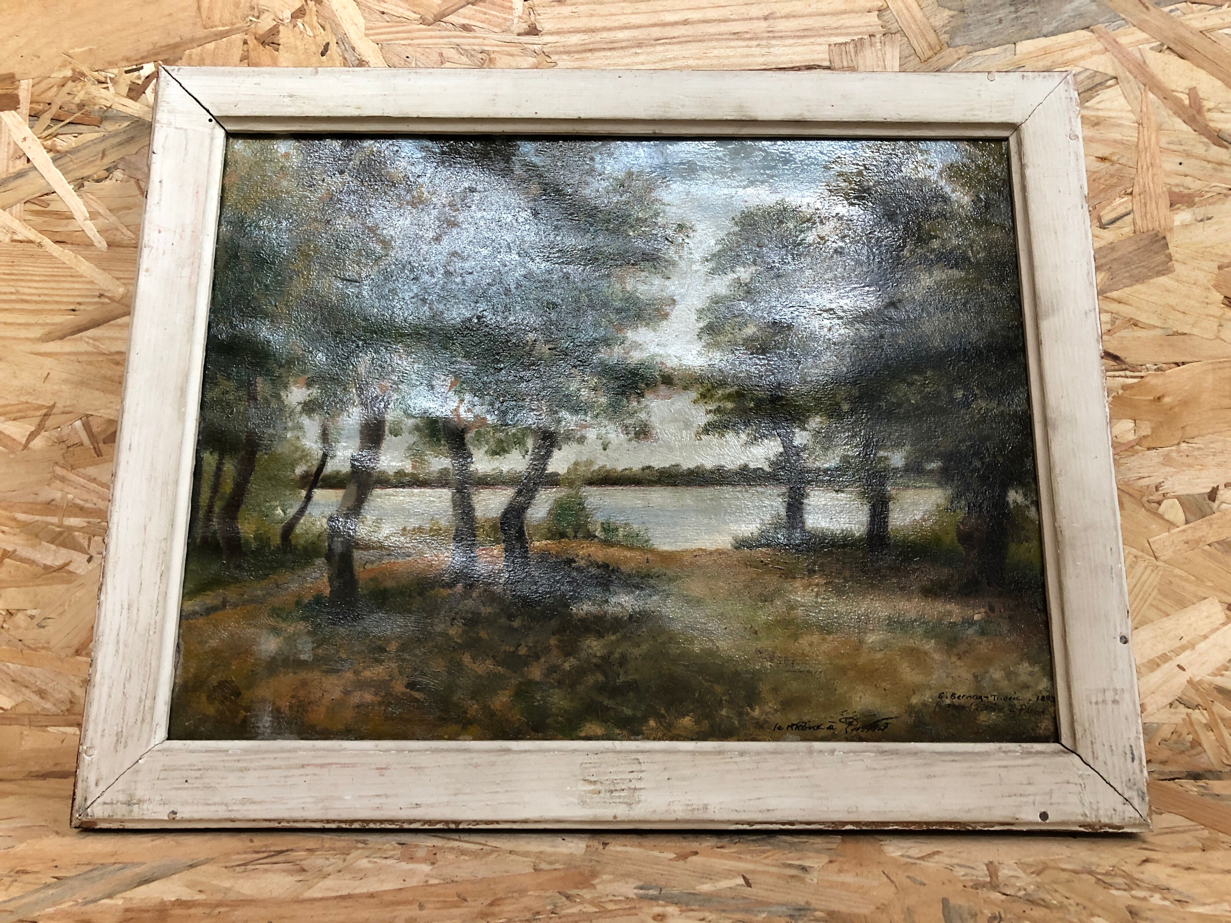 Old oil painting Savior Bernay Theric 1895 the Rhône with vintage wooden frame
