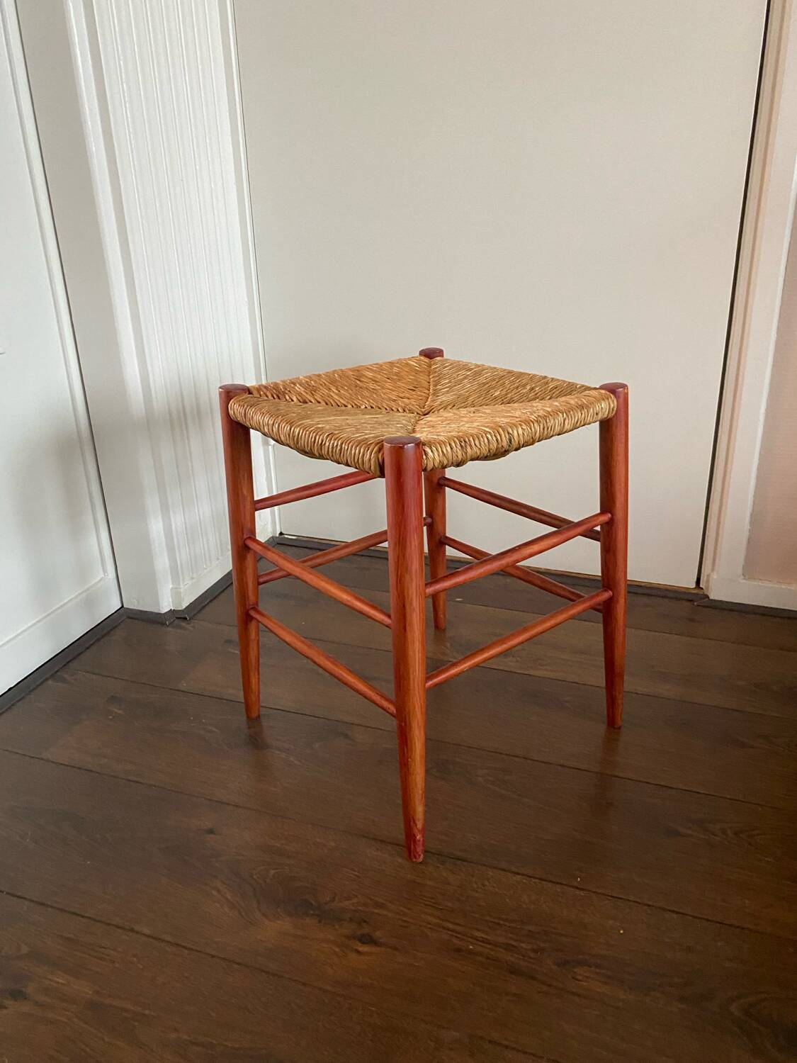 Mid-Century Wicker and Beech Stool, 1960s