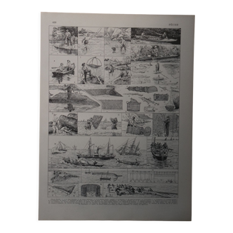 Lithographie originale sur la pêche