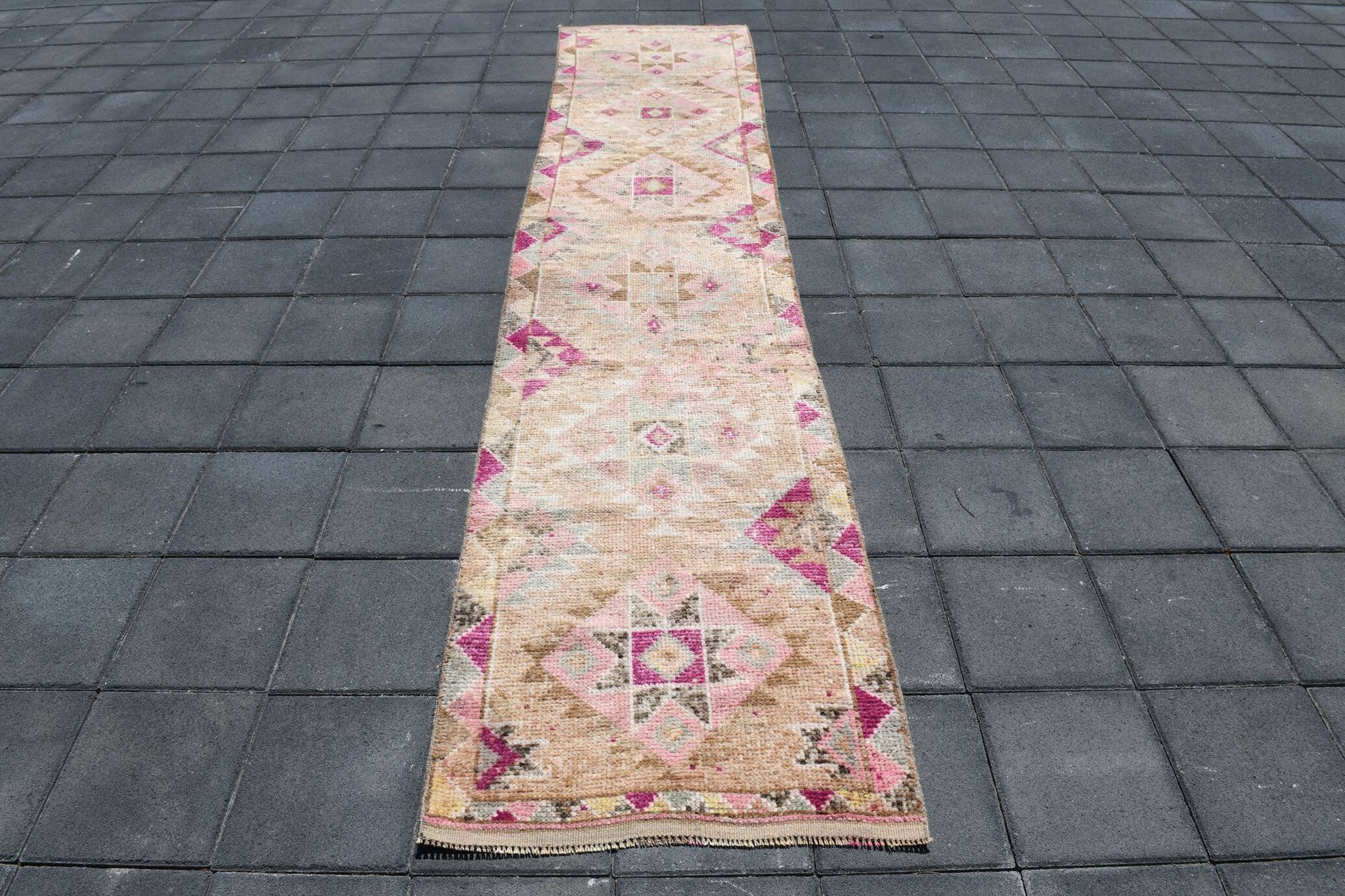 Fuchsia & Pink Vintage Runner Rug,Anatolian Geometric Wool Carpet,80x364 Cm