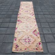 Fuchsia & Pink Vintage Runner Rug,Anatolian Geometric Wool Carpet,80x364 Cm