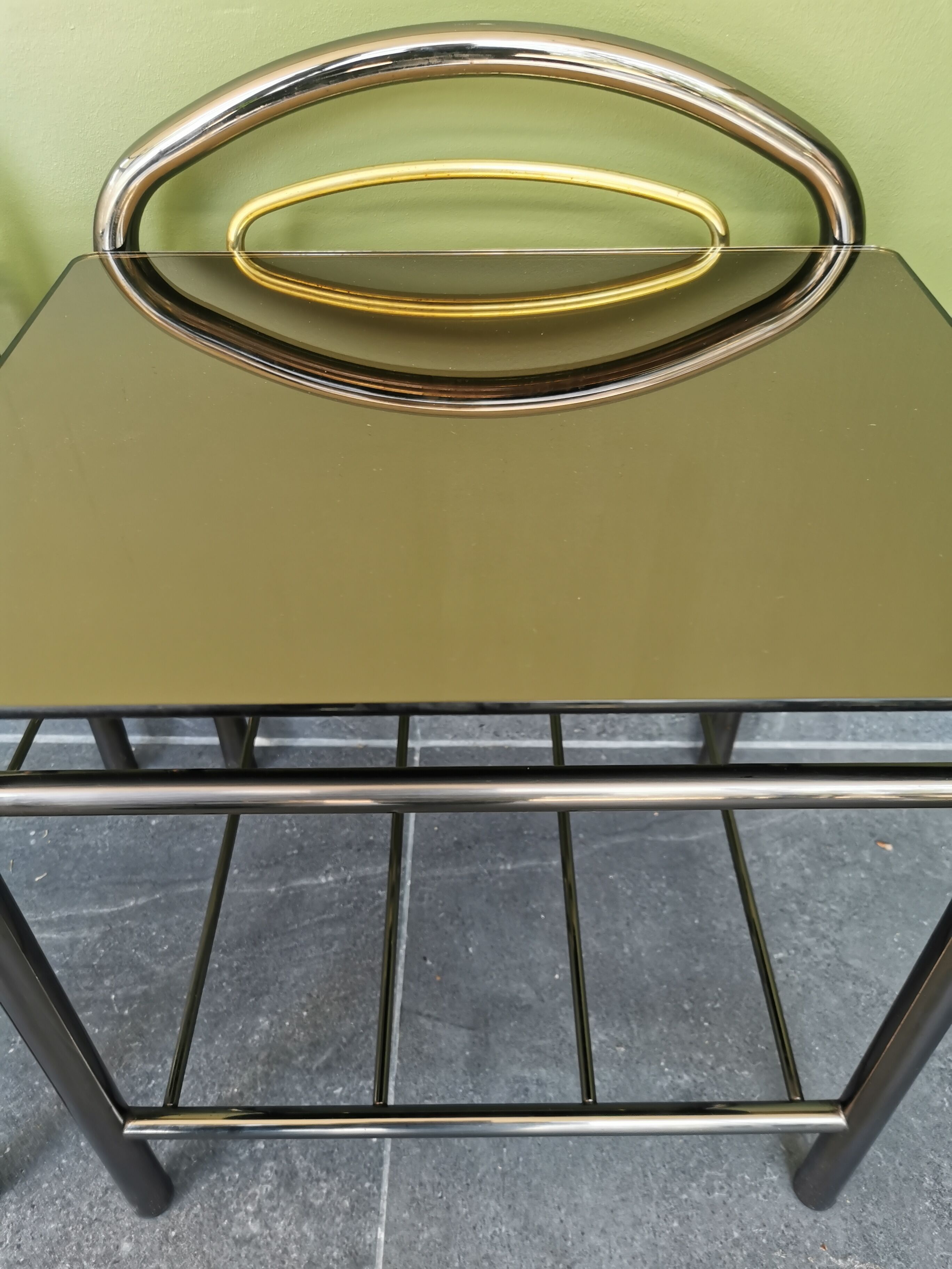 Vintage metal bedside table pair and smoky mirror