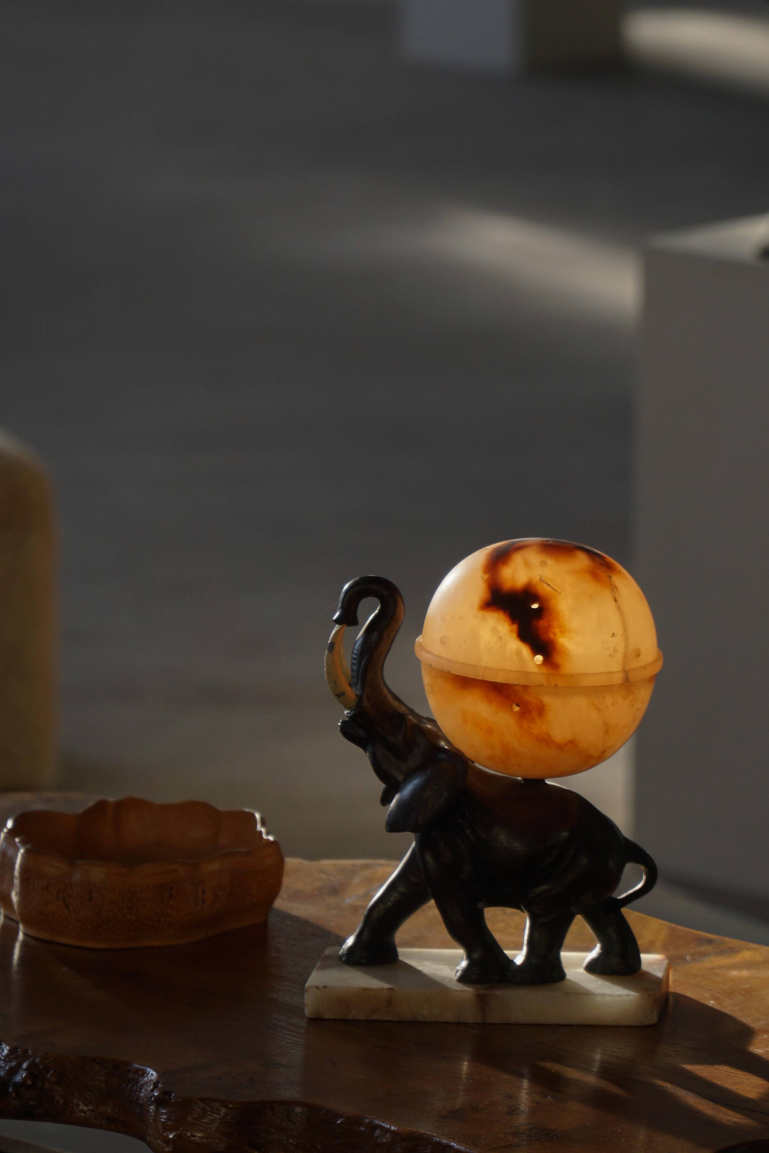Art Deco Table Lamp, Elephant with Alabaster Globe, Early 20th Century, 1930s