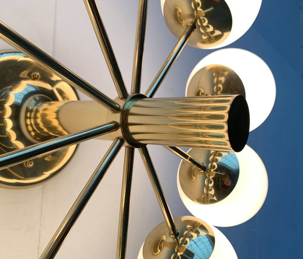German brass ceiling lamp in mid-century modern space style by Kaiser Leuchten, 1960s.