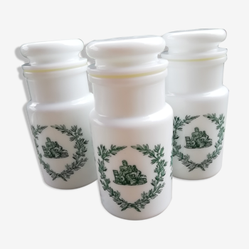 Trio of apothecary pots in opal glass