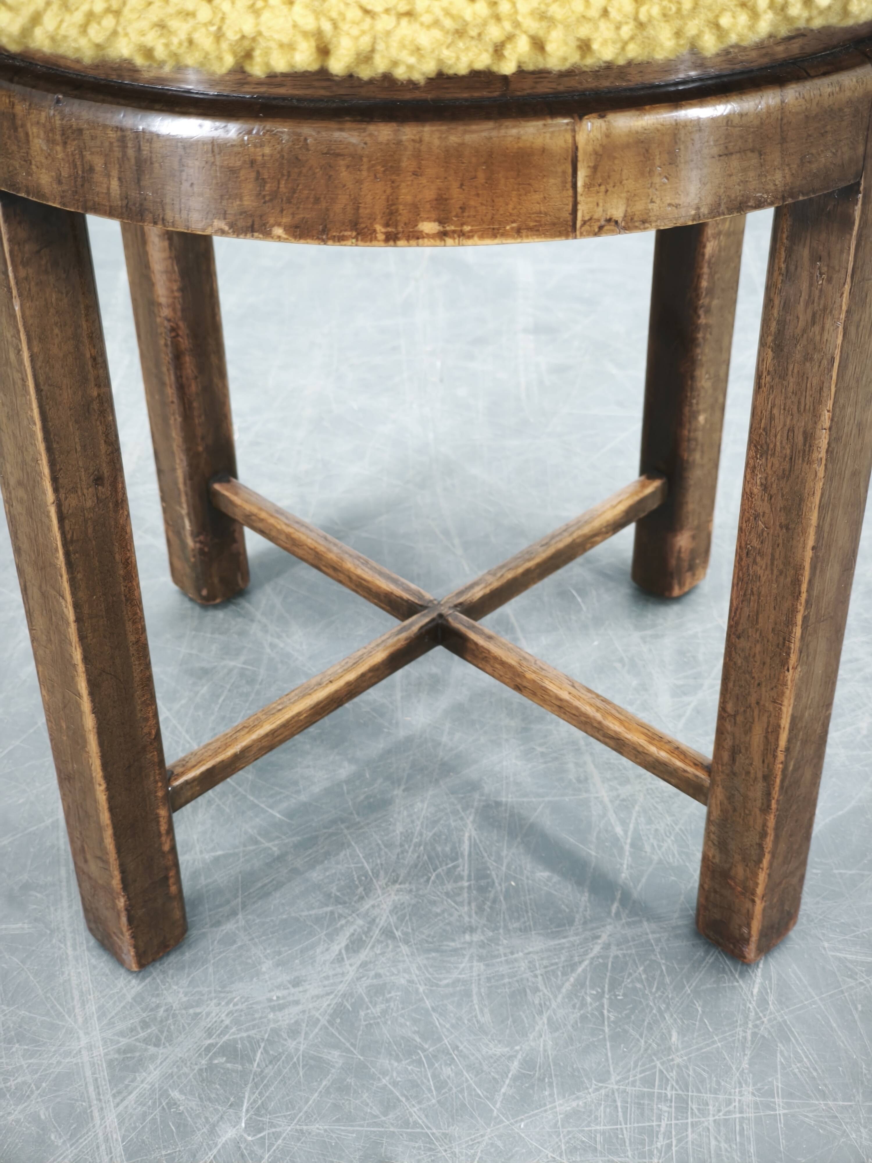 1930s Czech Art Deco Beechwood Stool with Bouclé Upholstery