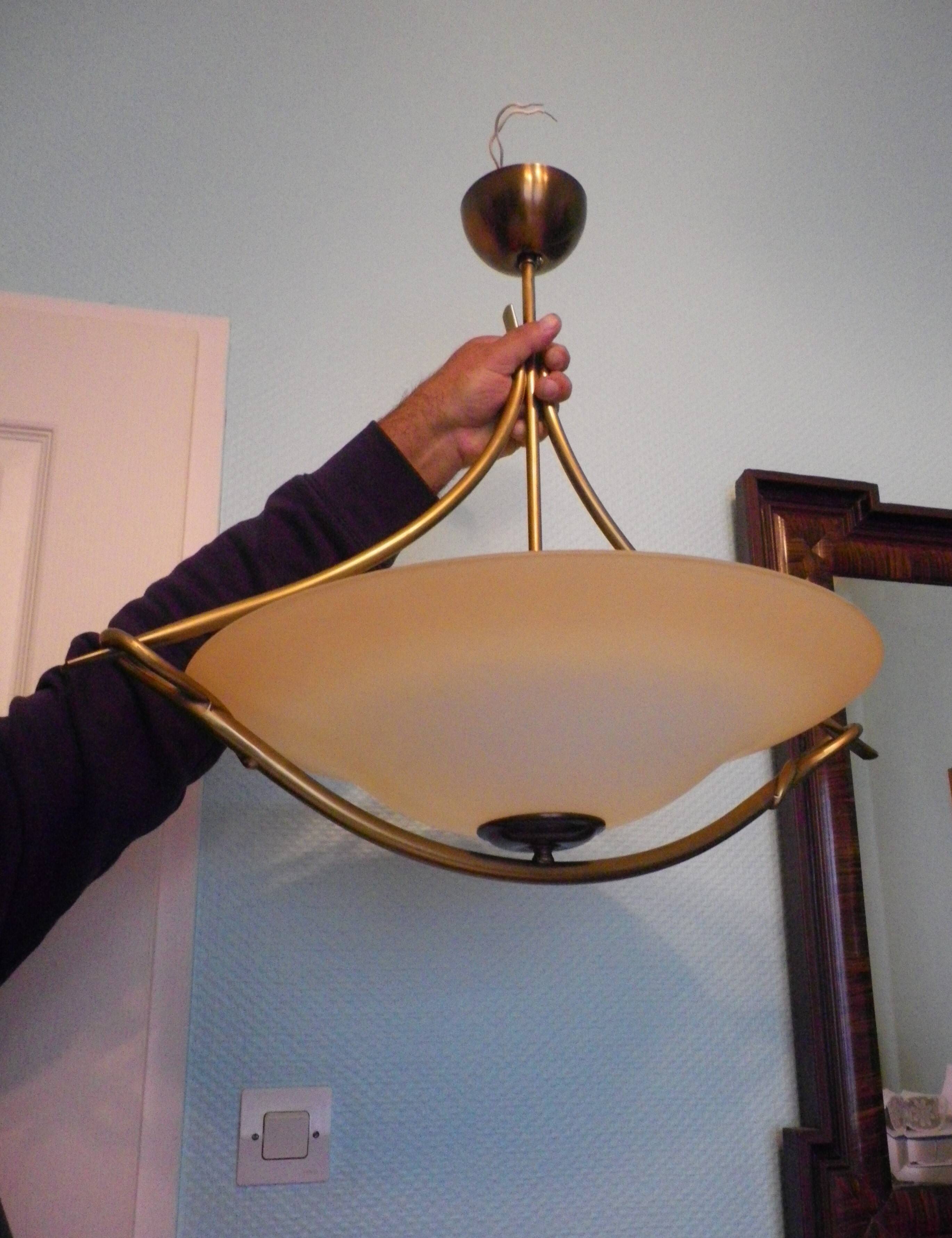 Golden Metal Suspension with Opaque Bowl Shade, 1980s