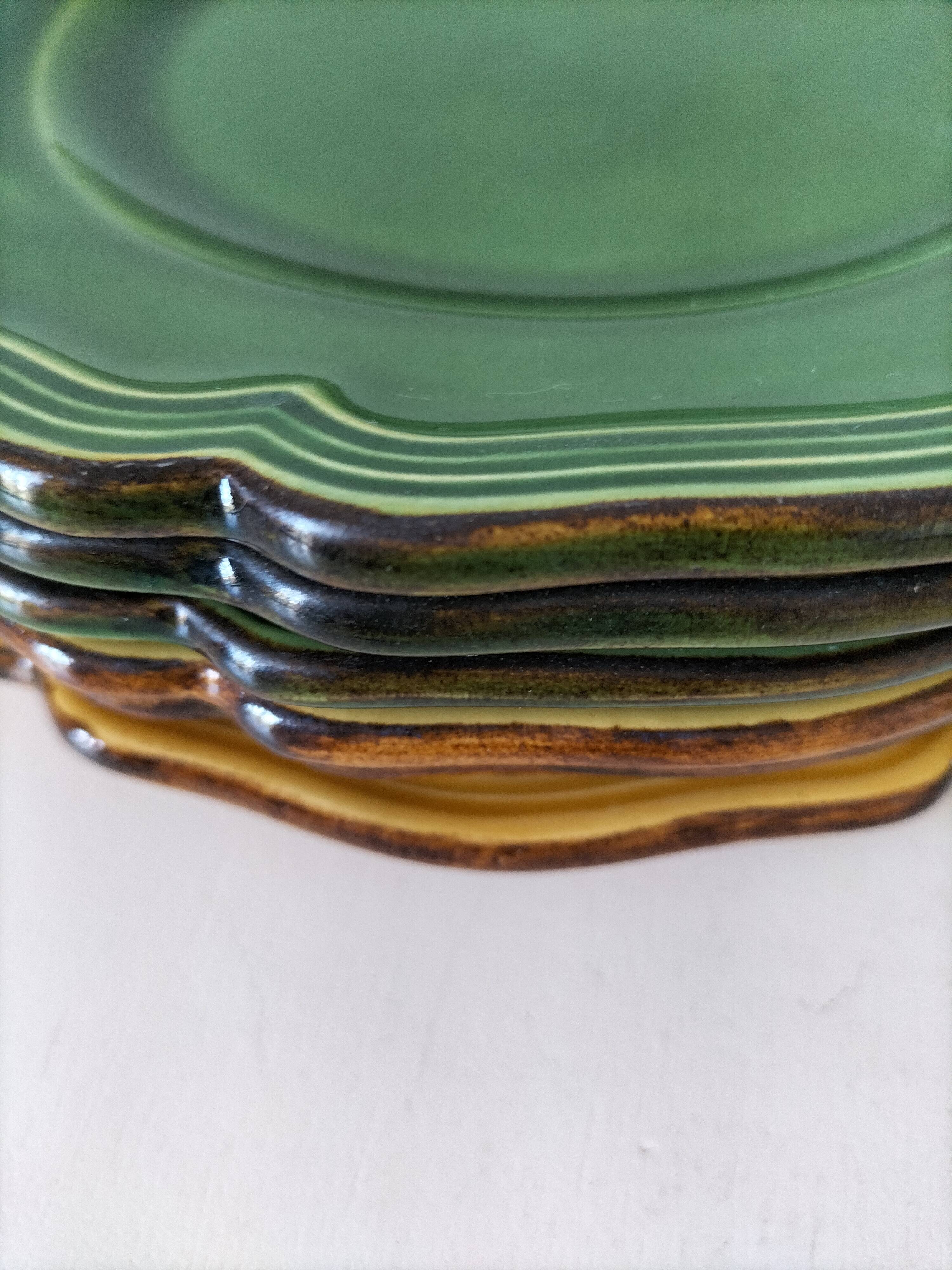 6 Dieulefit plates R. Milon green and yellow glazed earthenware