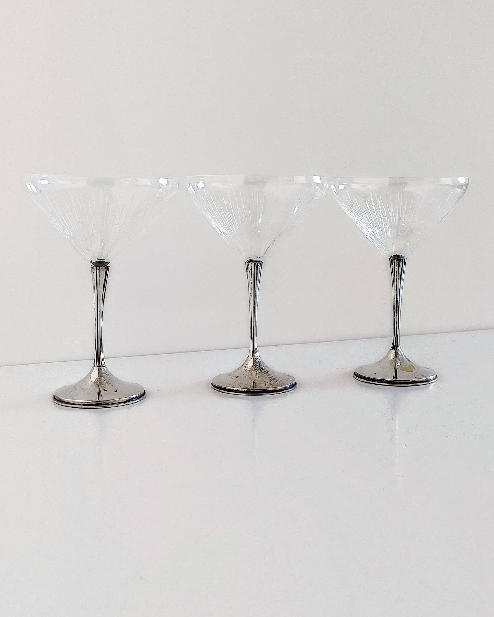 Art Deco Champagne Glasses Set of 3, Sterling Silver & Cut Glass