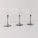Art Deco Champagne Glasses Set of 3, Sterling Silver & Cut Glass