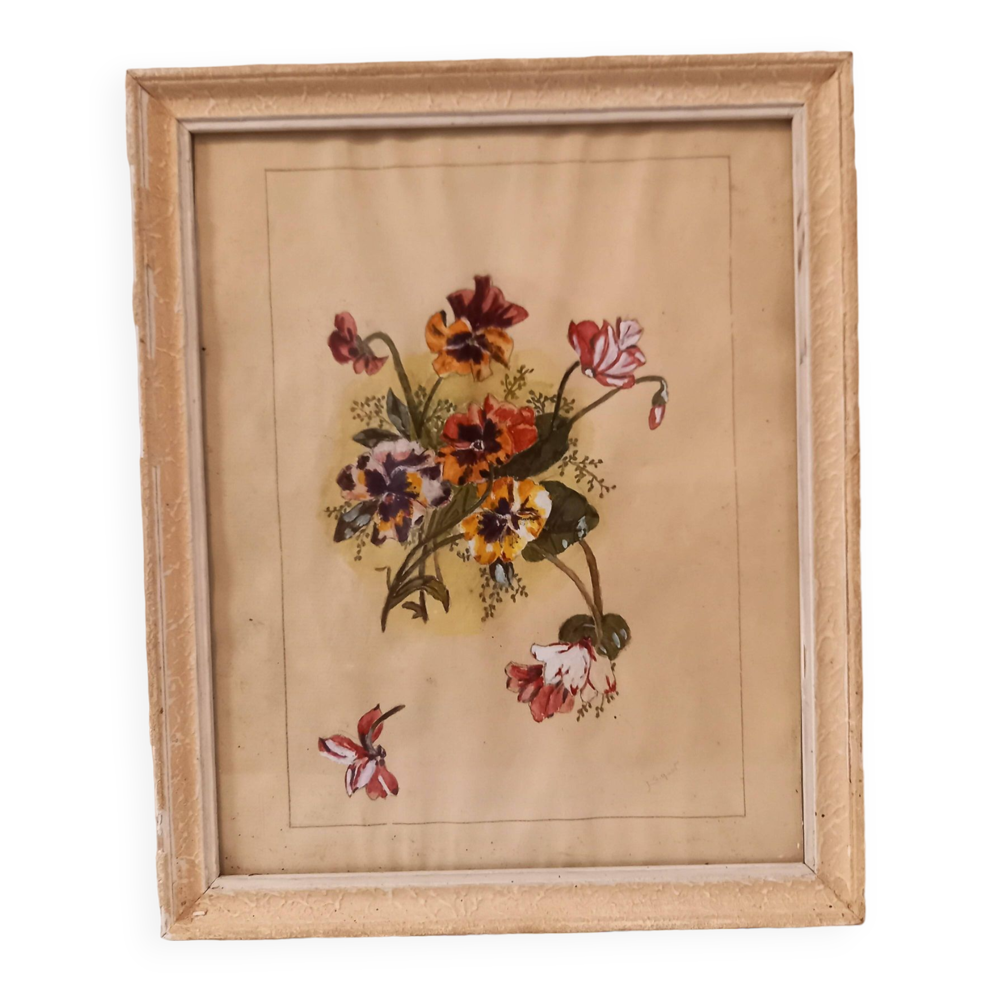 Old painting, gouache on paper, floral composition with pansies, framed under glass