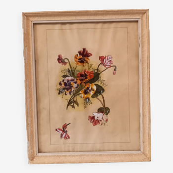 Tableau ancien, gouache sur papier, composition florale avec pensées, enacdré sous verre