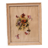 Tableau ancien, gouache sur papier, composition florale avec pensées, enacdré sous verre