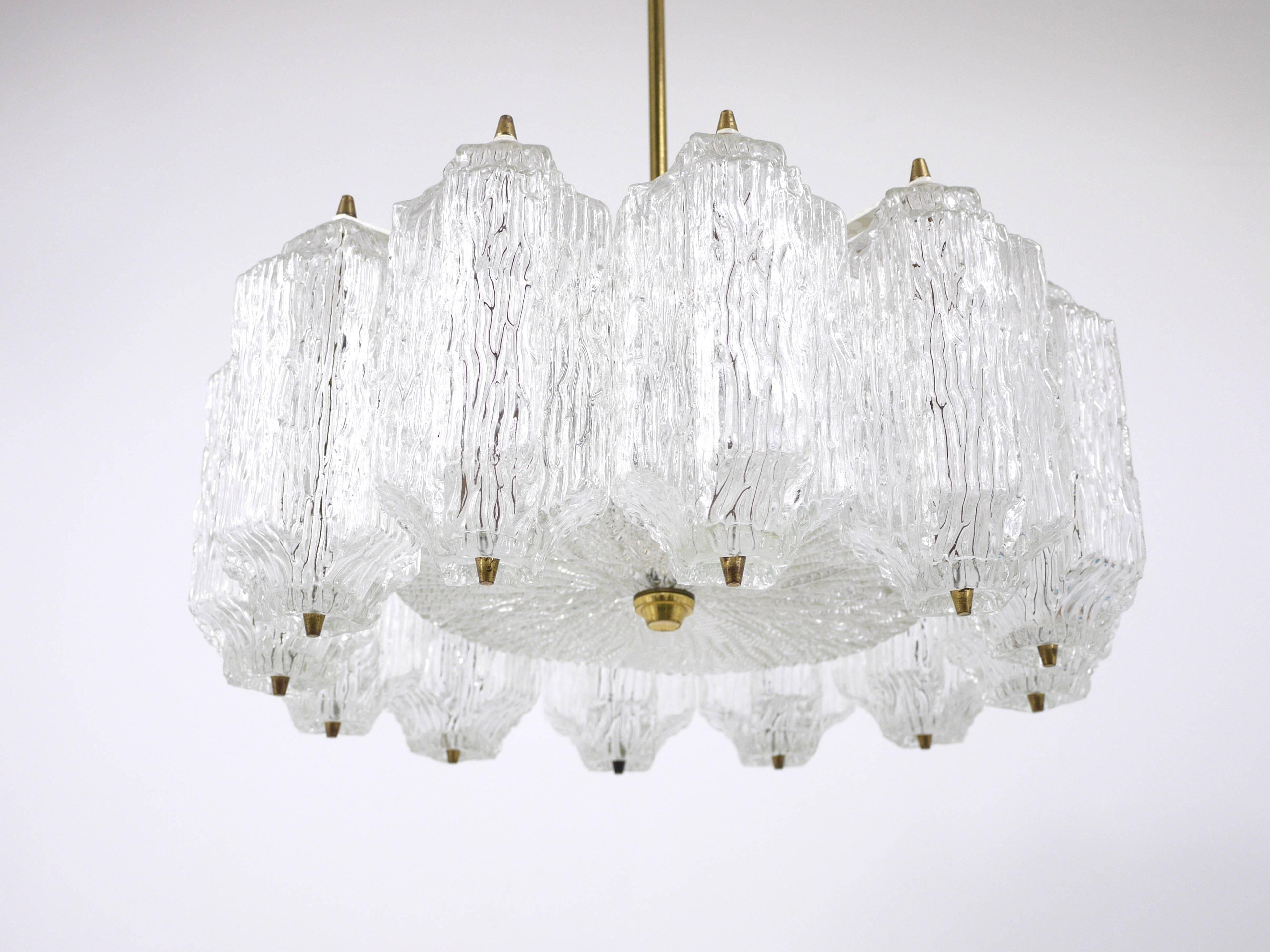J.T. Kalmar brass chandelier with textured ice glass, Austria, 1950s