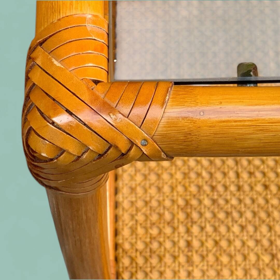 Chest of drawers and bedside table in rattan cane and oak, vintage 1970s