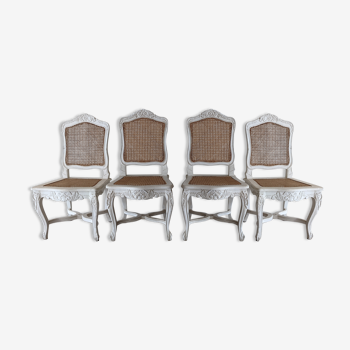 4 chaises cannées en bois patiné