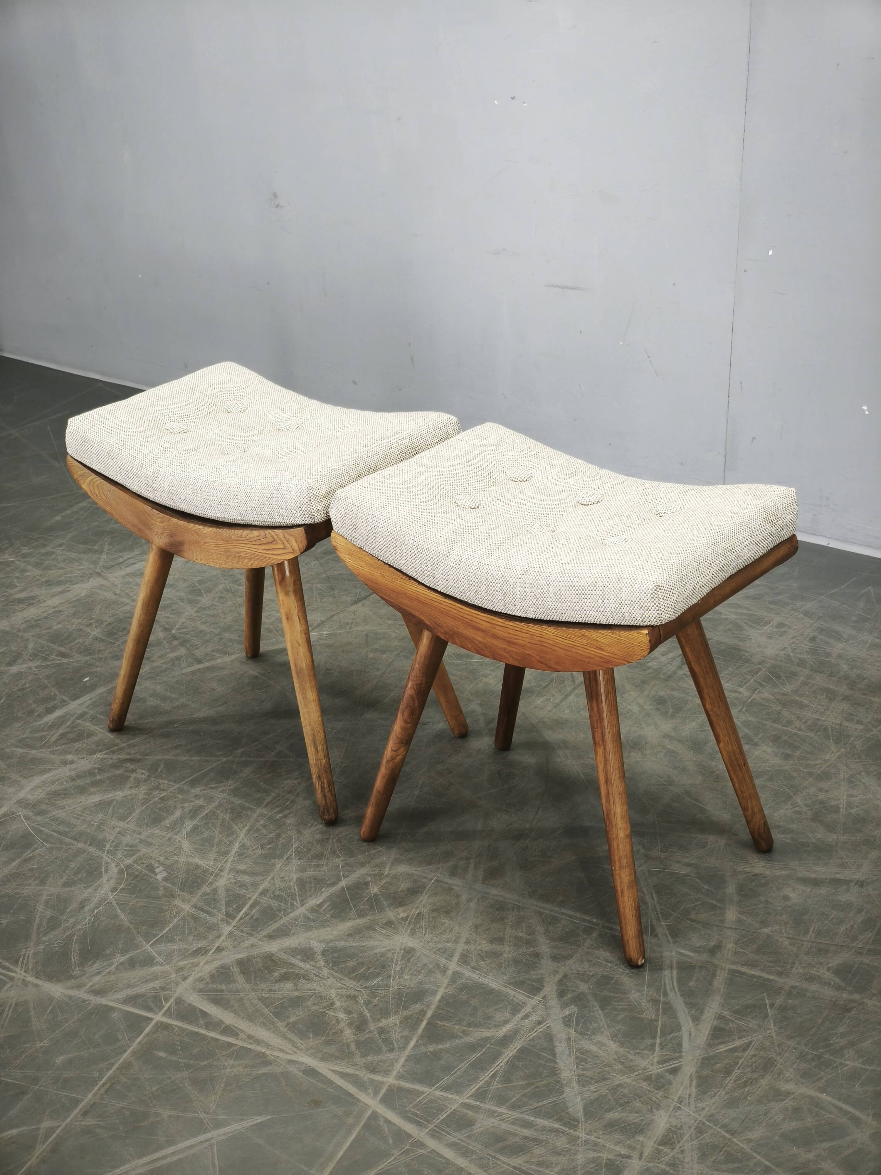 Pair of Mid-Century Beech Stools, Czechoslovakia, 1960s