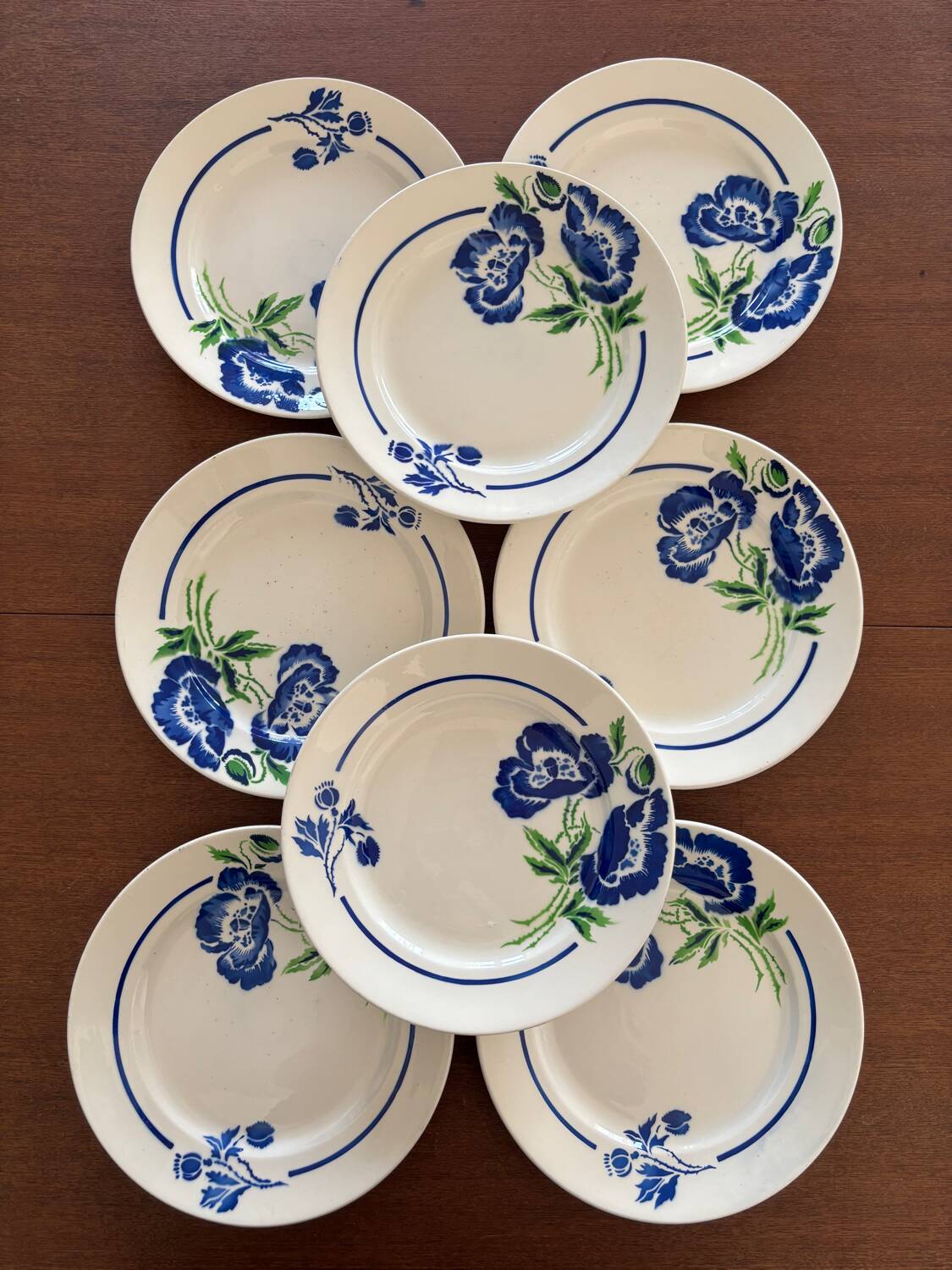 Set of 8 Badonviller France Earthenware Flat Plates, Boran Vintage Model